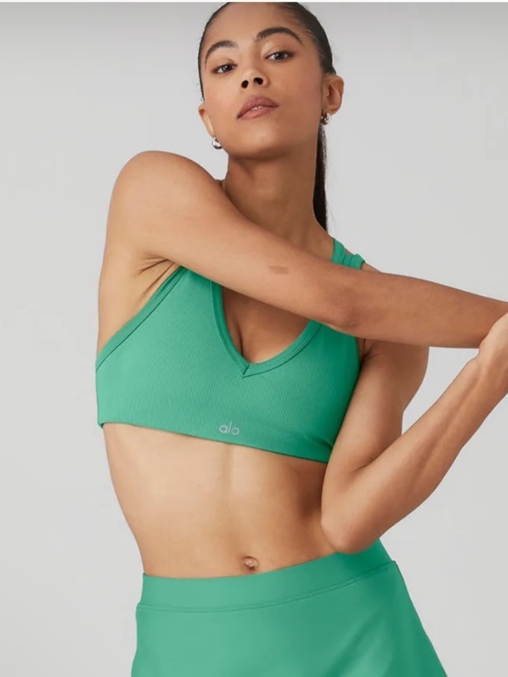 ALO Yoga Green Ribbed V-Neck Sports Bra